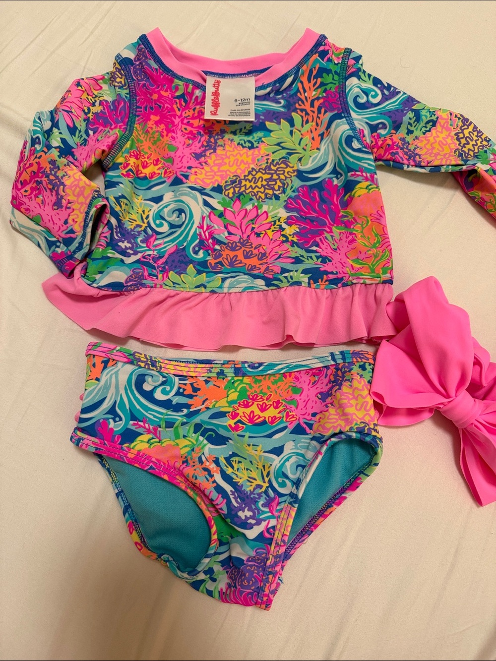 Ruffle Butts Bright Multi Coral Reef Rashguard Set with Pink Trim